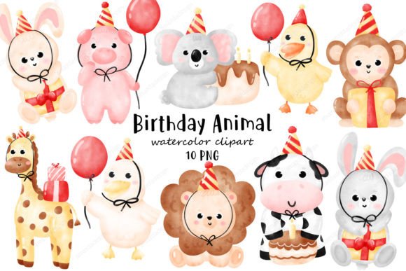 Download Happy Birthday Animal Watercolor Clipart - Happy Collection